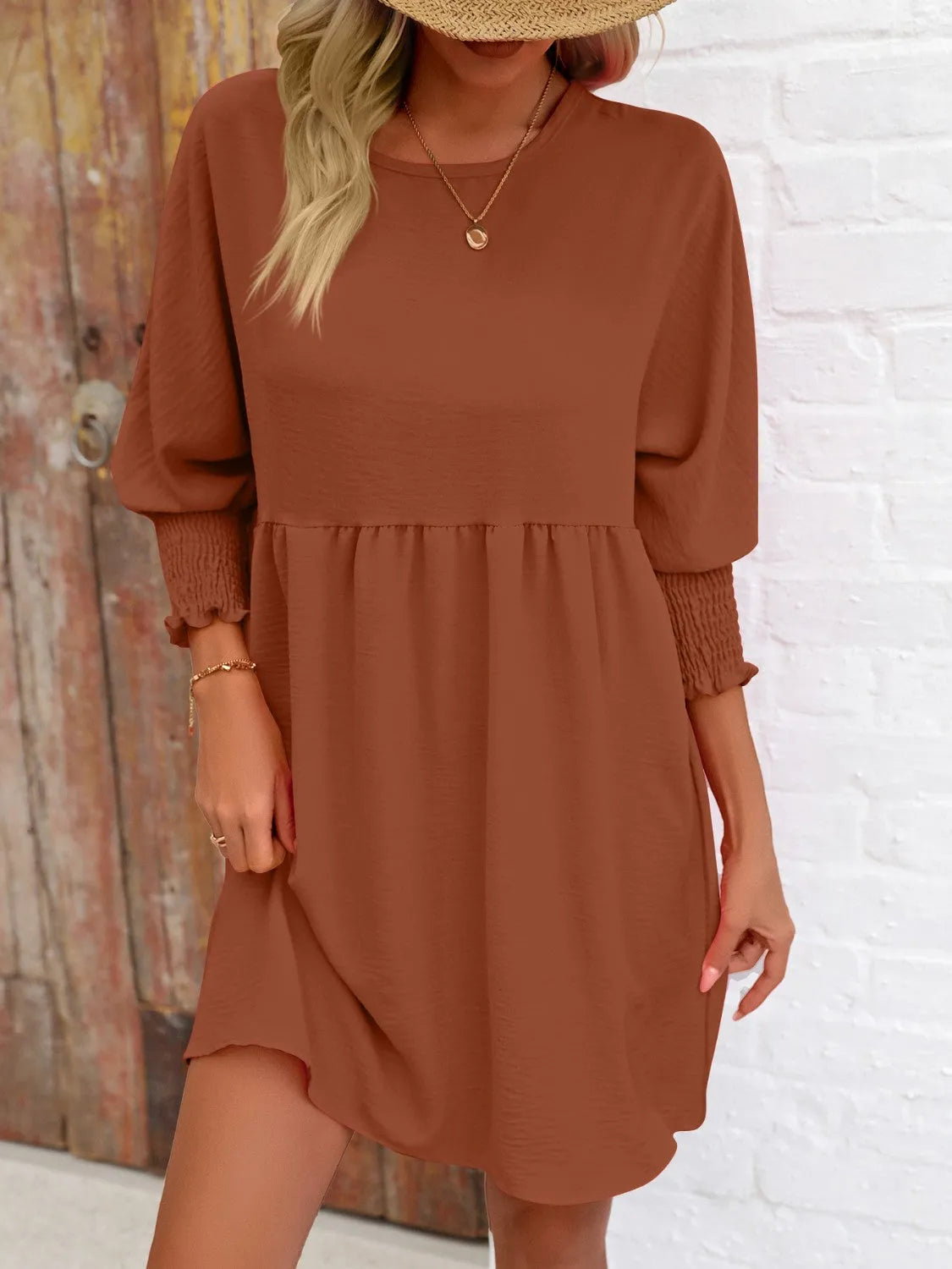 Round Neck Lantern Sleeve Mini Dress - Wellen Fashion