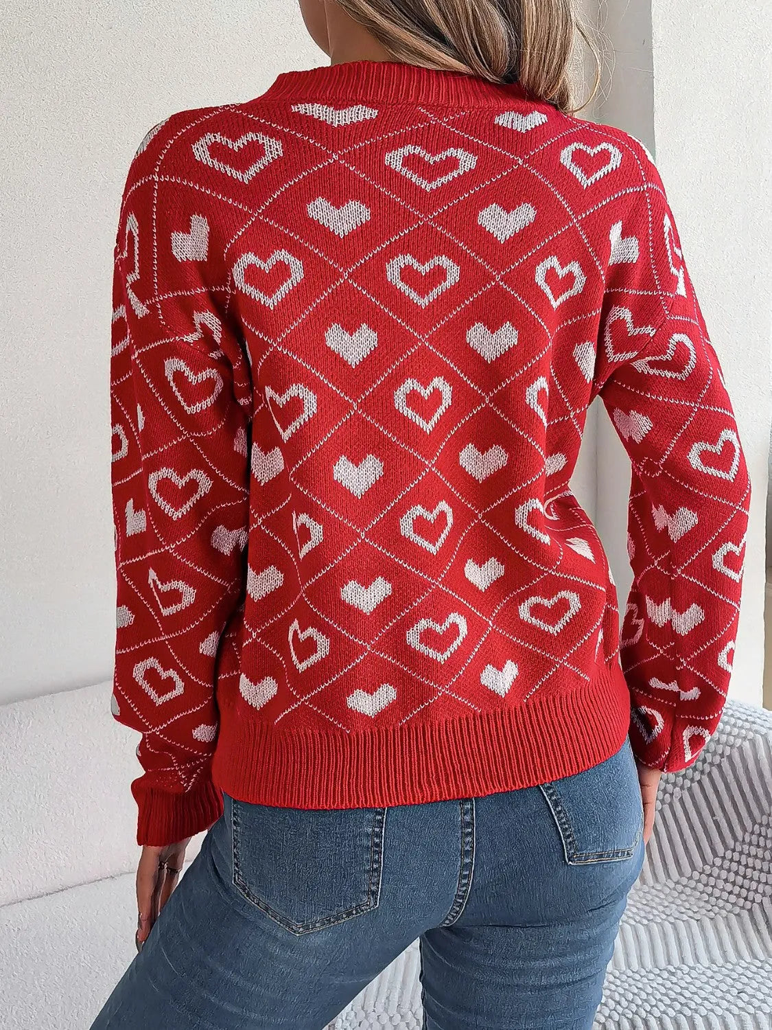 Heart Pattern V-Neck Long Sleeve Sweater - Wellen Fashion