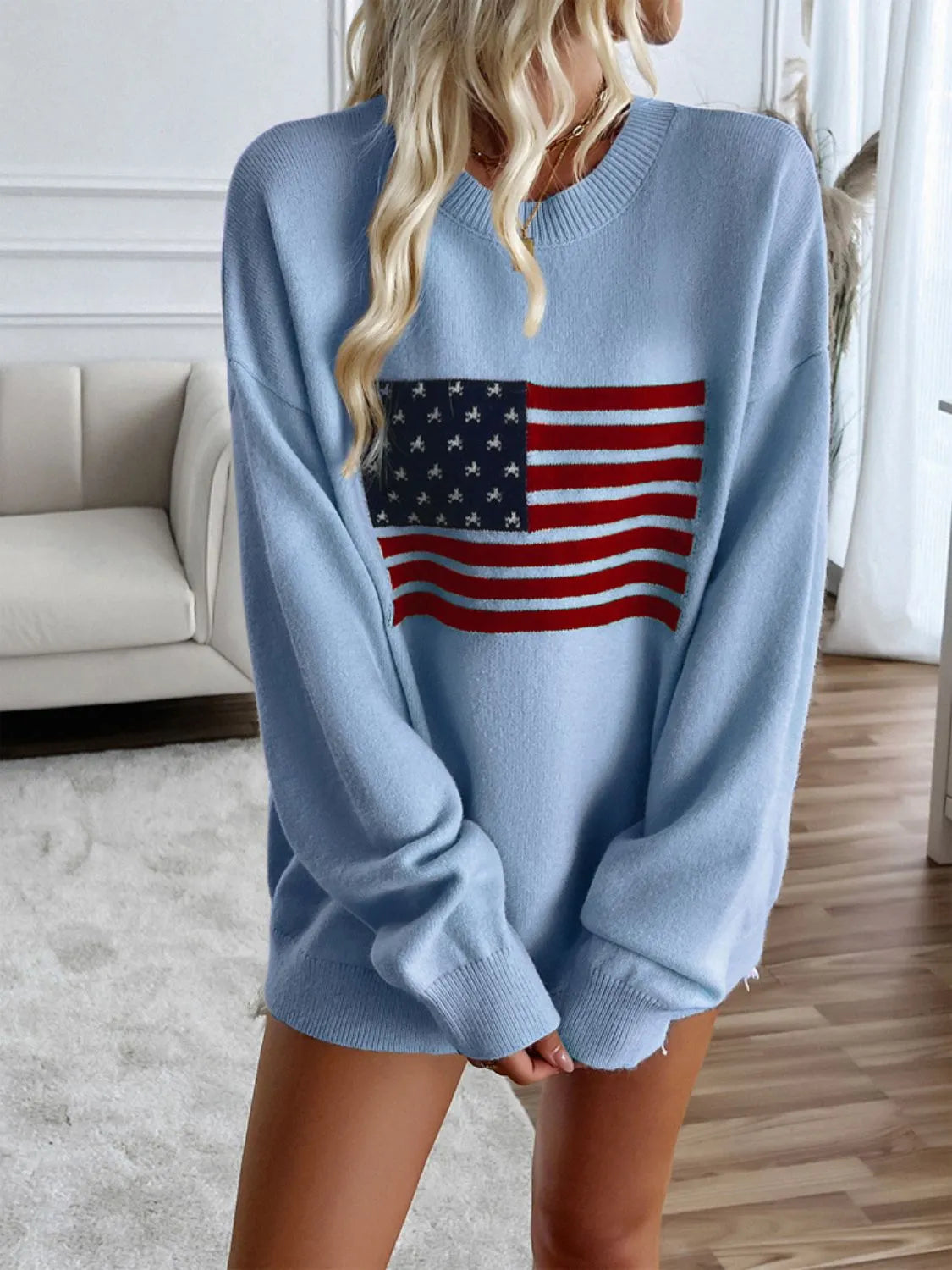 Devine US Flag Round Neck Long Sleeve Knit Top - Wellen Fashion