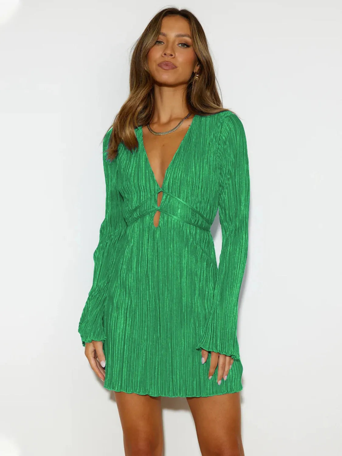 Tied Plunge Flare Sleeve Mini Dress - Wellen Fashion