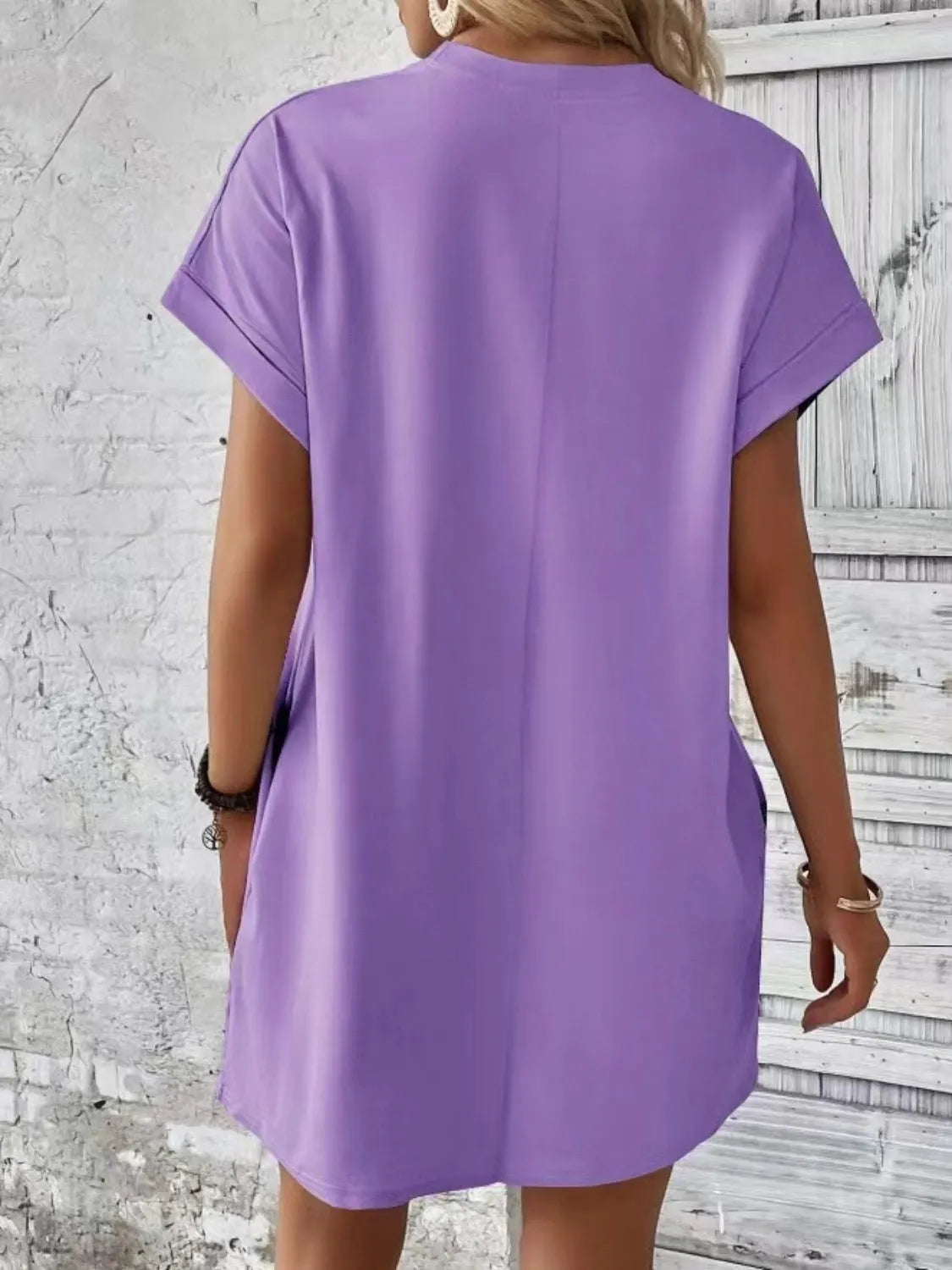 Pocketed Round Neck Short Sleeve Dress - Wellen Fashion