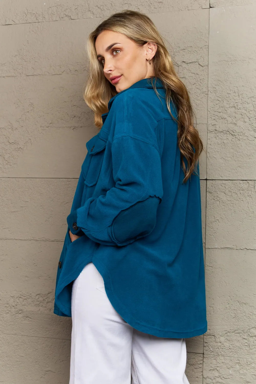 Zenana Cozy in the Cabin Full Size Fleece Elbow Patch Shacket in Teal - Wellen Fashion