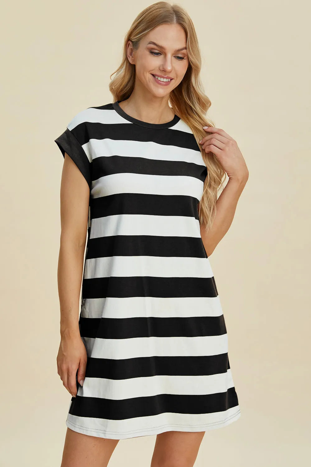 Basic Bae Full Size Striped Round Neck Cap Sleeve Mini Dress - Wellen Fashion