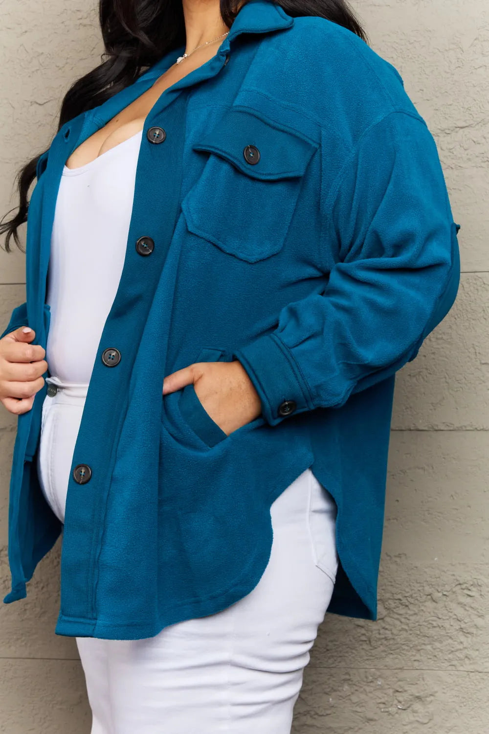 Zenana Cozy in the Cabin Full Size Fleece Elbow Patch Shacket in Teal - Wellen Fashion