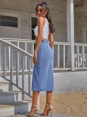 Button Down Denim Skirt - Wellen Fashion