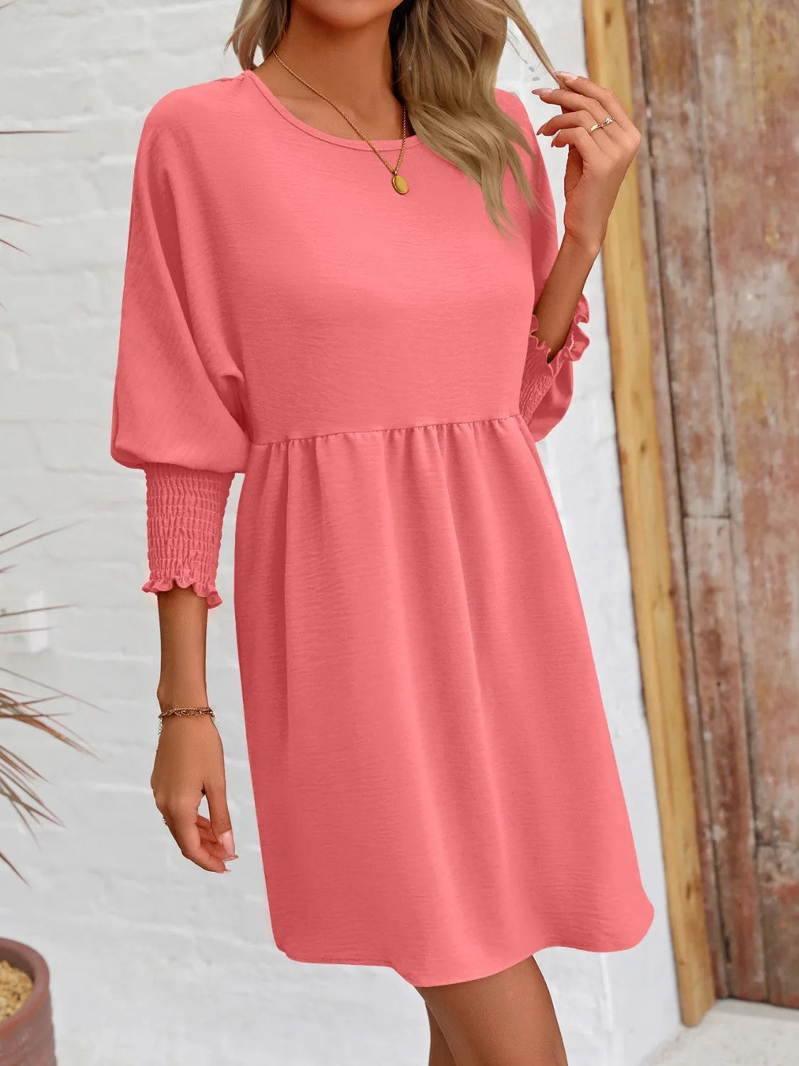 Round Neck Lantern Sleeve Mini Dress - Wellen Fashion