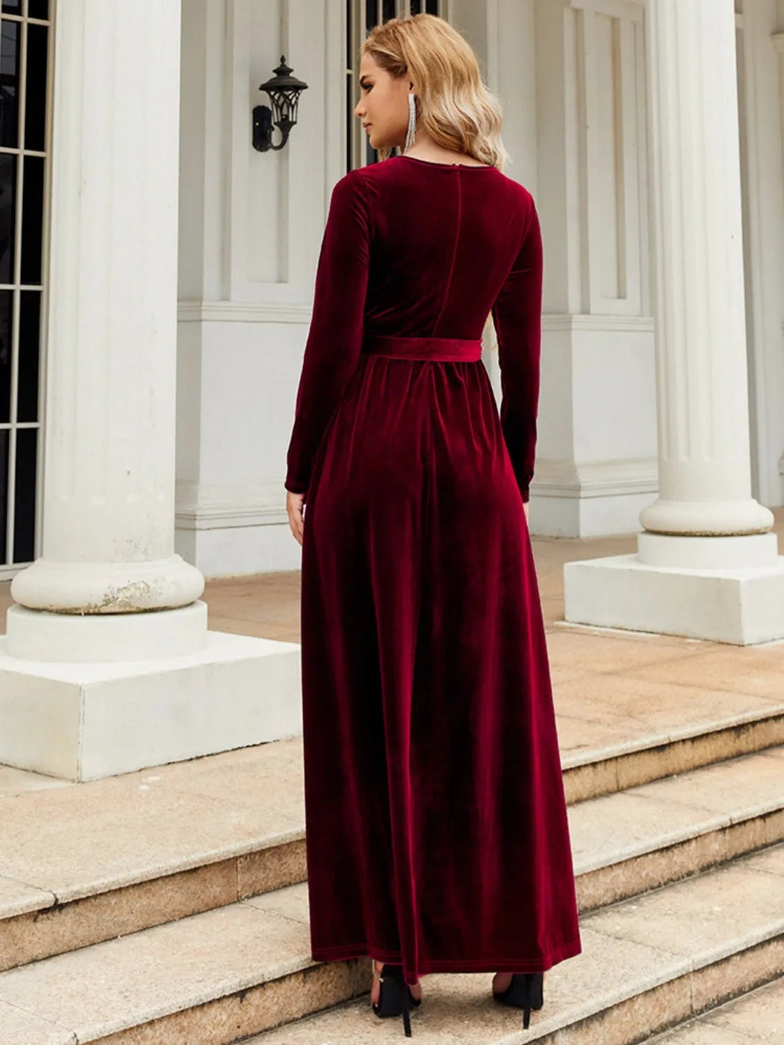 Tie Front Round Neck Long Sleeve Maxi Dress - Wellen Fashion