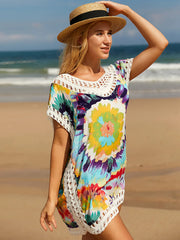 Openwork Printed Round Neck Cover Up - Wellen Fashion