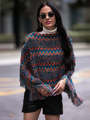 Fringe Hem Boat Neck Poncho - Wellen Fashion