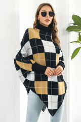 Plaid Turtleneck Dolman Sleeve Poncho - Wellen Fashion