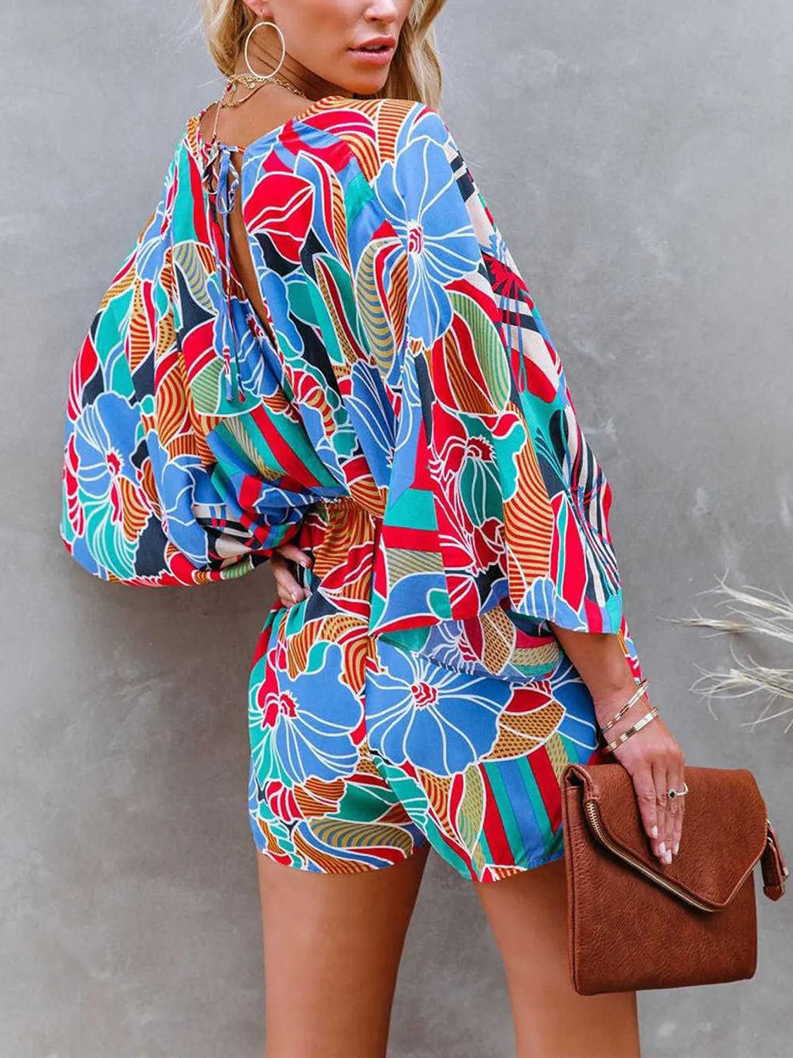 Tied Printed Kimono Sleeve Romper - Wellen Fashion