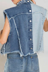 Pearl Raw Hem Sleeveless Denim Jacket - Wellen Fashion