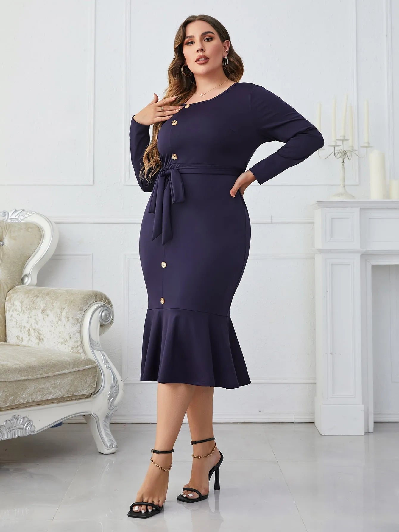 Honey Melo Apparel Plus Size Buttoned Round Neck Tie Belt Midi Dress - Wellen Fashion