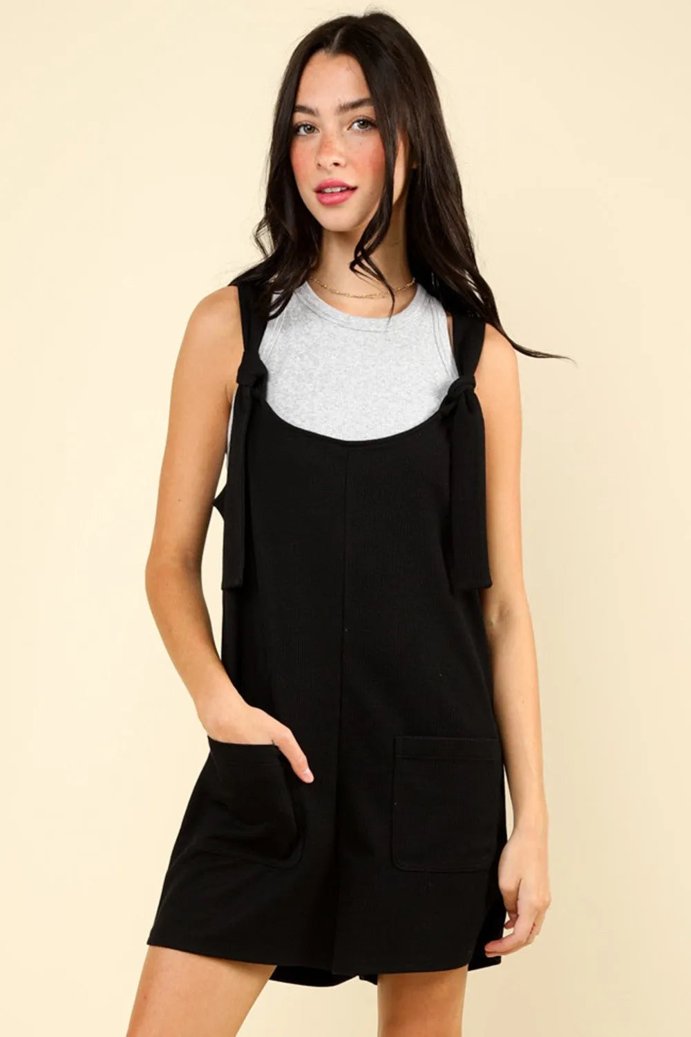 VERY J Tie Shoulder Front Pocket Romper - Wellen Fashion