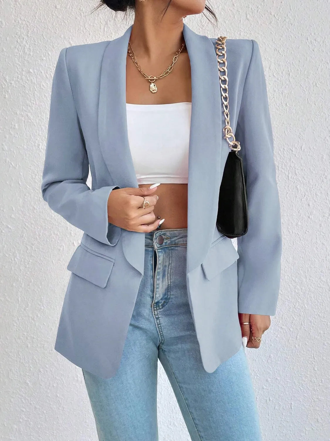 Shawl Collar Long Sleeve Blazer - Wellen Fashion