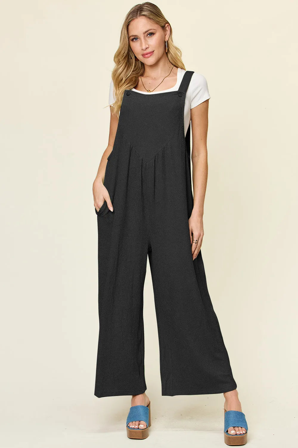 Double Take Full Size Texture Sleeveless Wide Leg Overall - Wellen Fashion