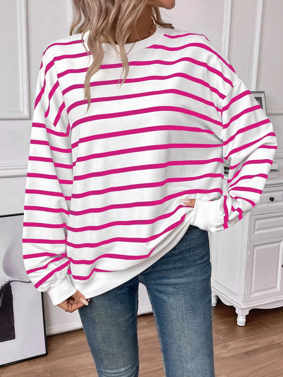 Lovelet Striped Round Neck Long Sleeve Sweatshirt - Wellen Fashion