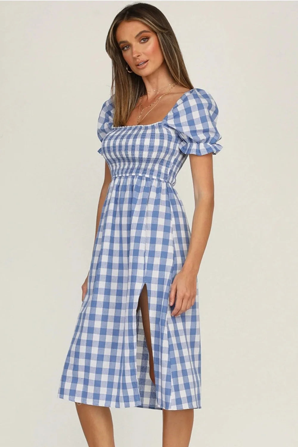 Full Size Slit Plaid Short Sleeve Midi Dress - Wellen Fashion