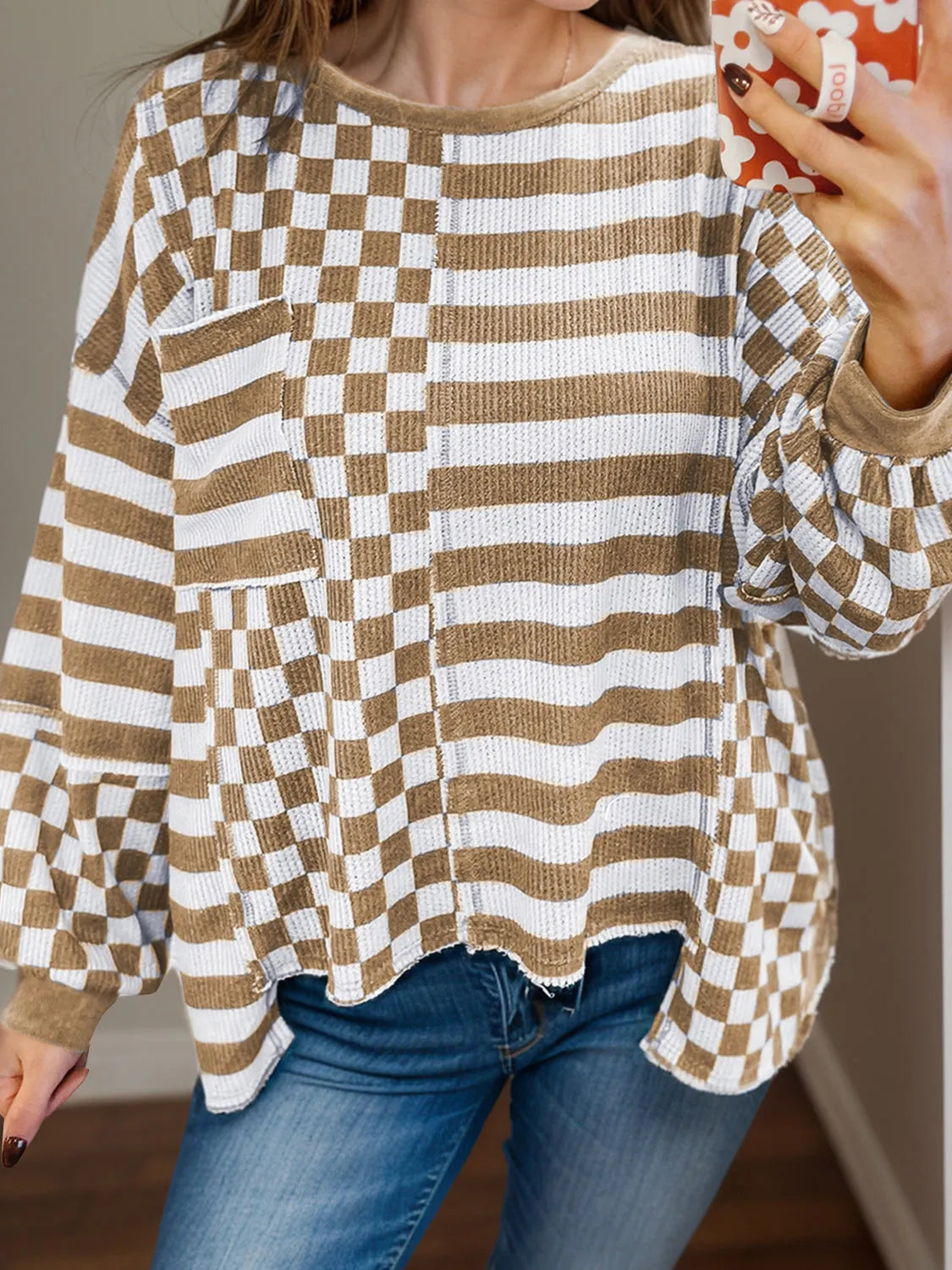 Checker & Stripes Round Neck Long Sleeve Blouse - Wellen Fashion