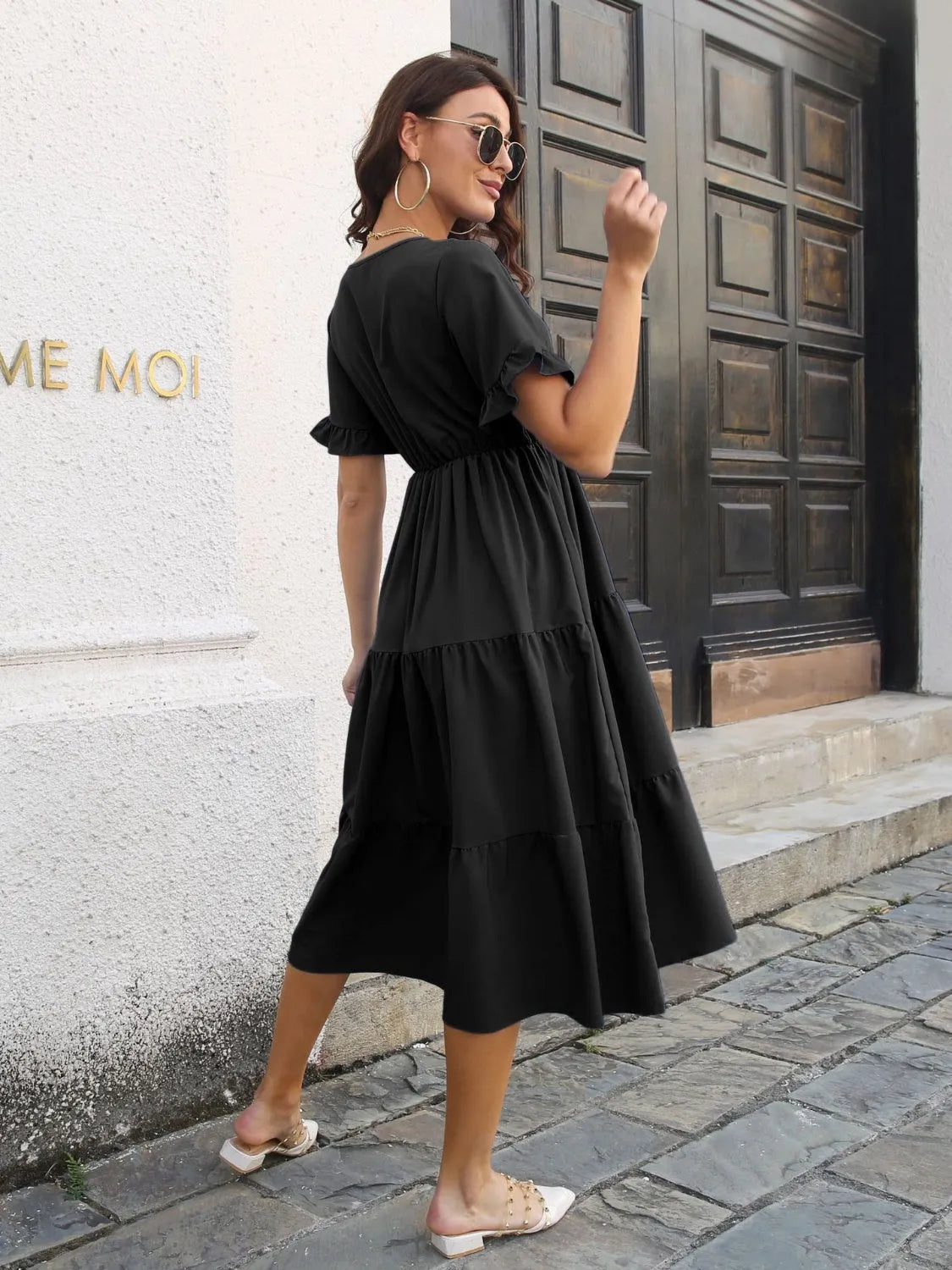 V-Neck Short Sleeve Midi Dress - Wellen Fashion