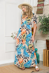 Celeste Full Size Printed Round Neck Short Sleeve Maxi Dress - Wellen Fashion