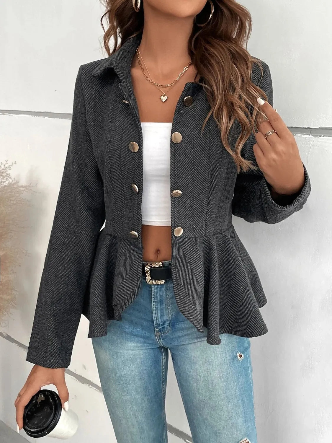 Ruffle Hem Collared Blazer - Wellen Fashion