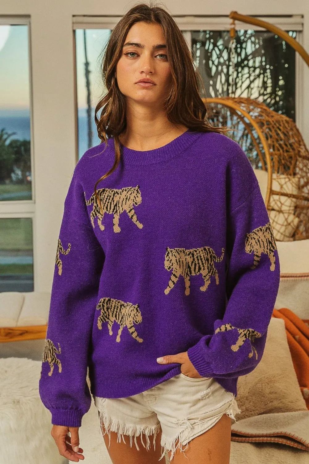 BiBi Tiger Pattern Long Sleeve Sweater - Wellen Fashion