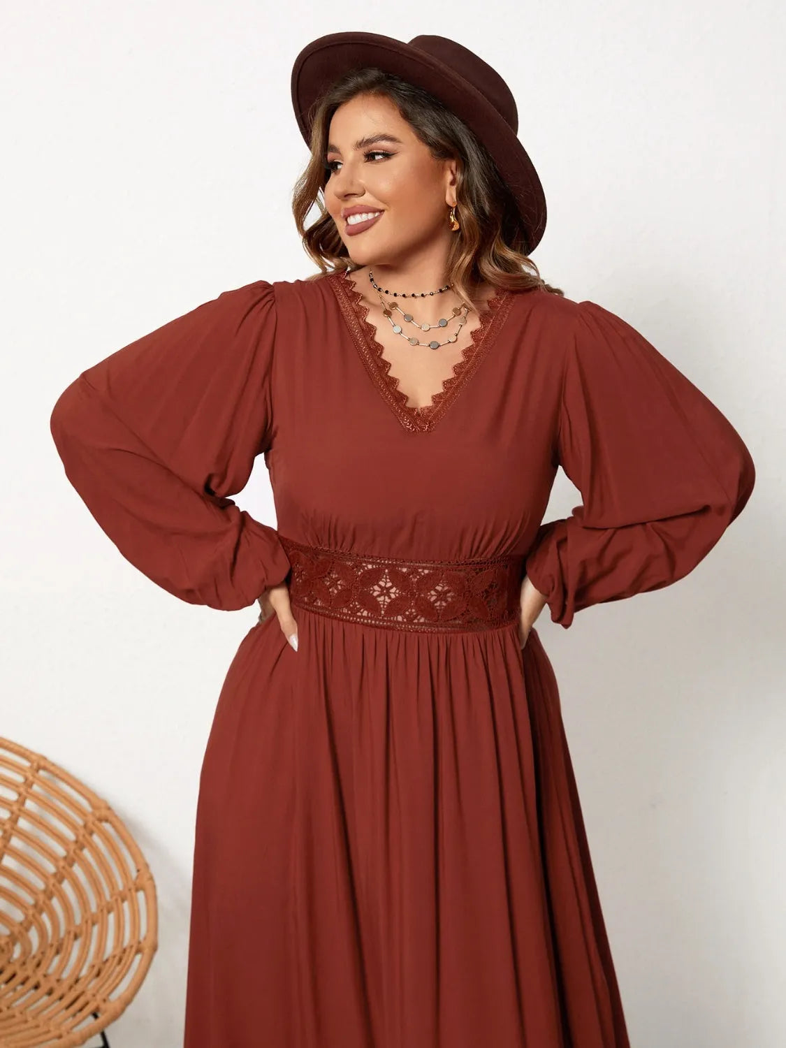 Plus Size Lace Detail V-Neck Balloon Sleeve Dress - Wellen Fashion