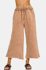 Zenana Acid Wash Fleece Wide Leg Pants - Wellen Fashion