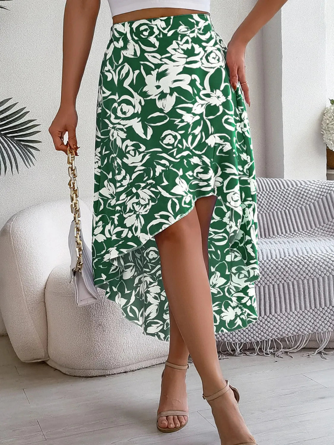 High-Low Printed High Waist Skirt - Wellen Fashion