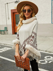 Fringe Geometric Cape Sleeve Poncho - Wellen Fashion