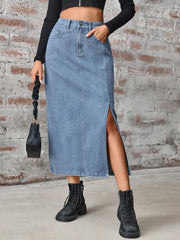 Slit High Waist Denim Skirt with Pockets - Wellen Fashion