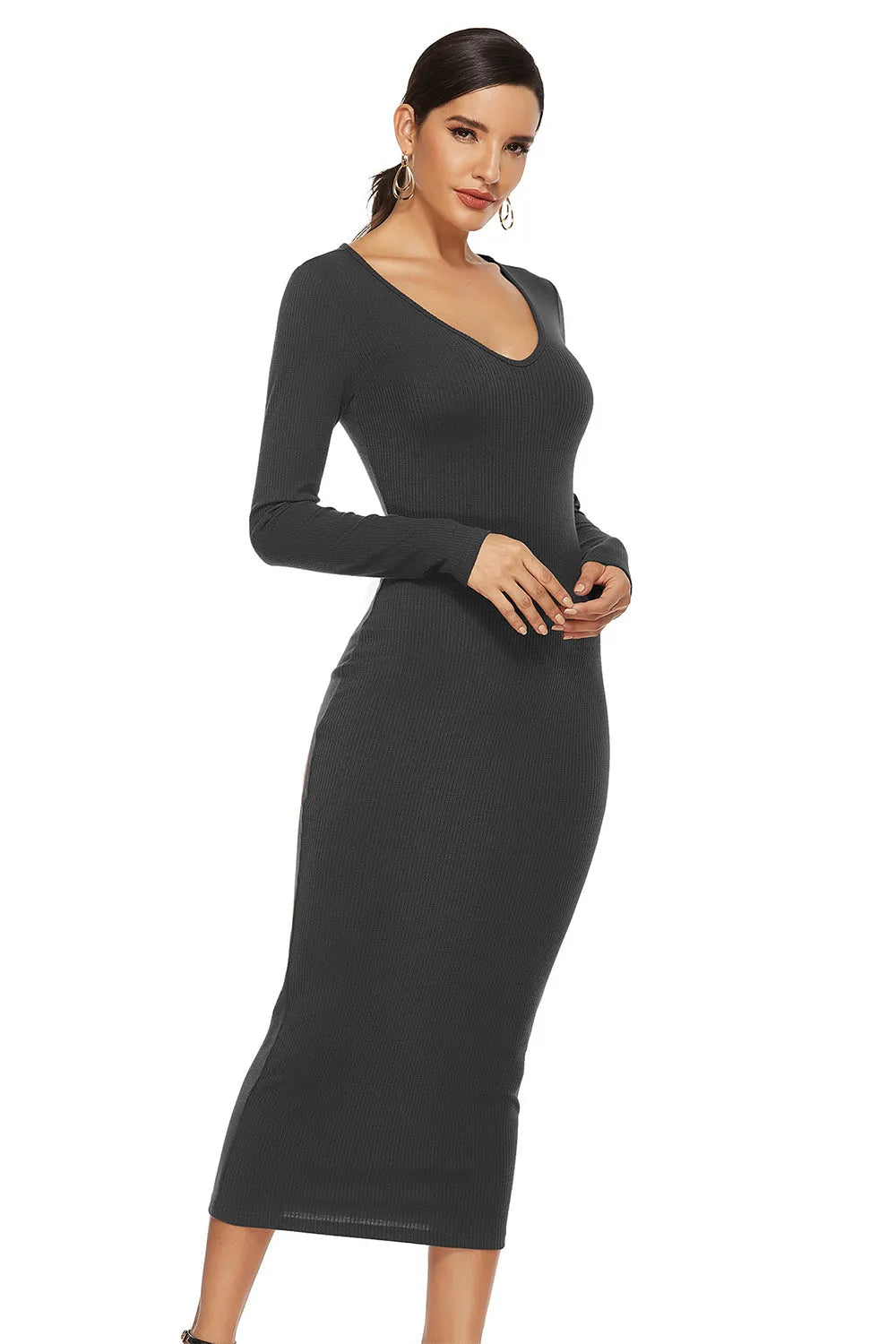 Ribbed Scoop Neck Sweater Dress - Wellen Fashion