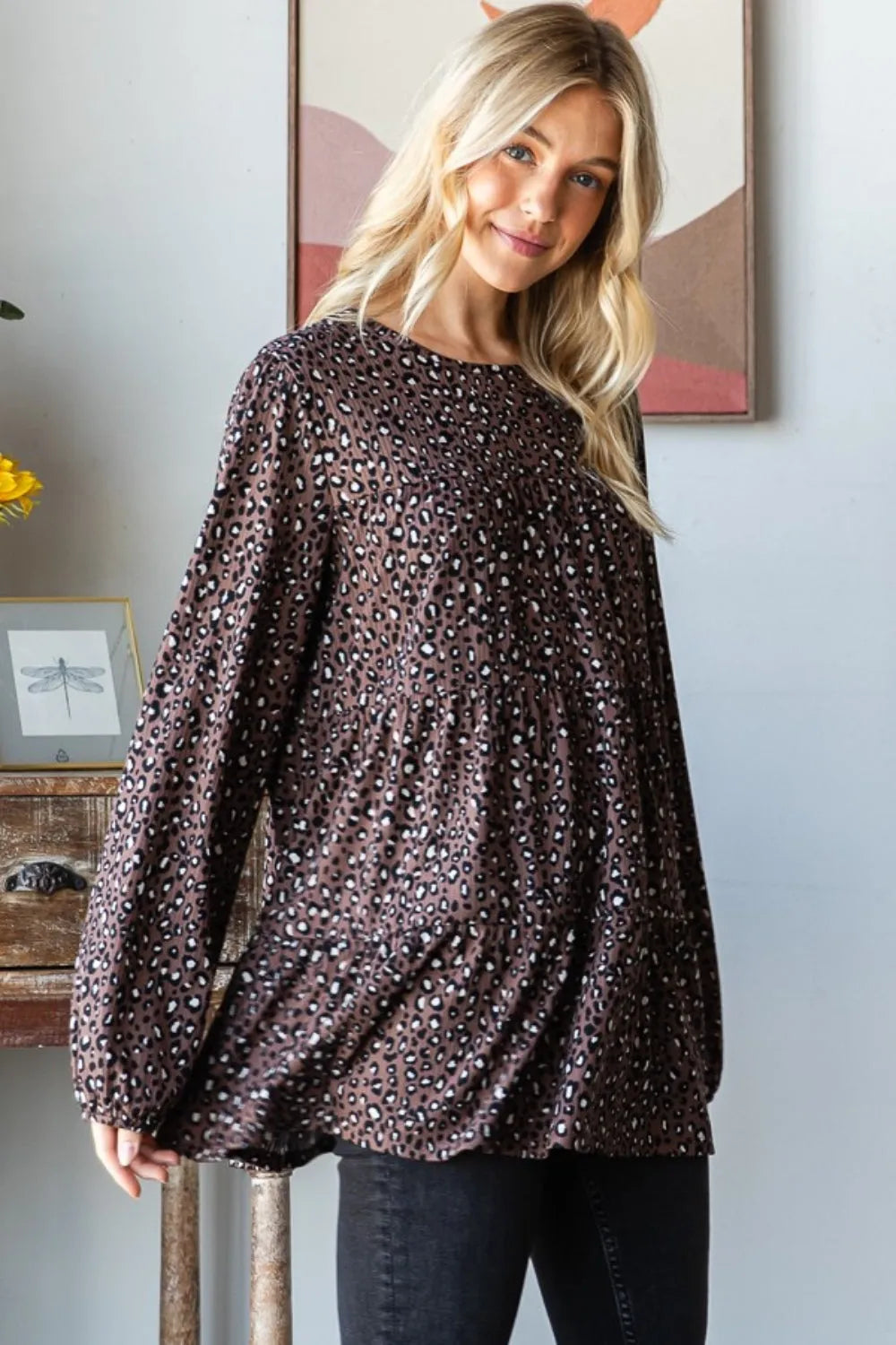 Heimish Leopard Long Sleeve Tiered Blouse - Wellen Fashion