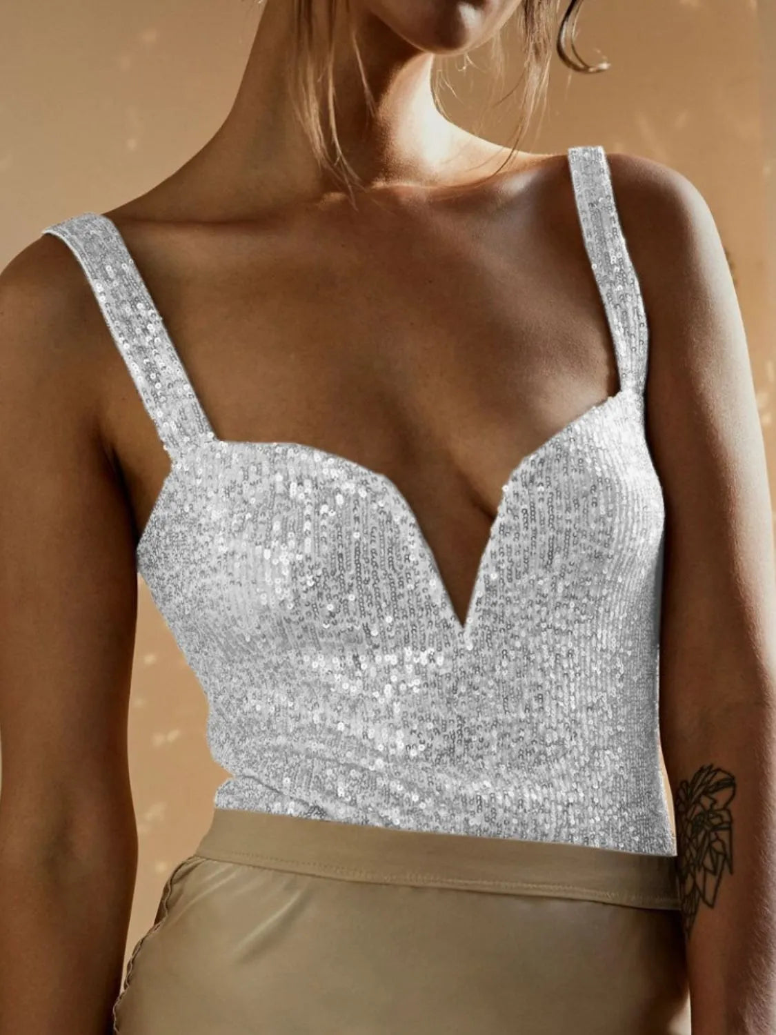 Sequin Wide Strap Bodysuit - Wellen Fashion