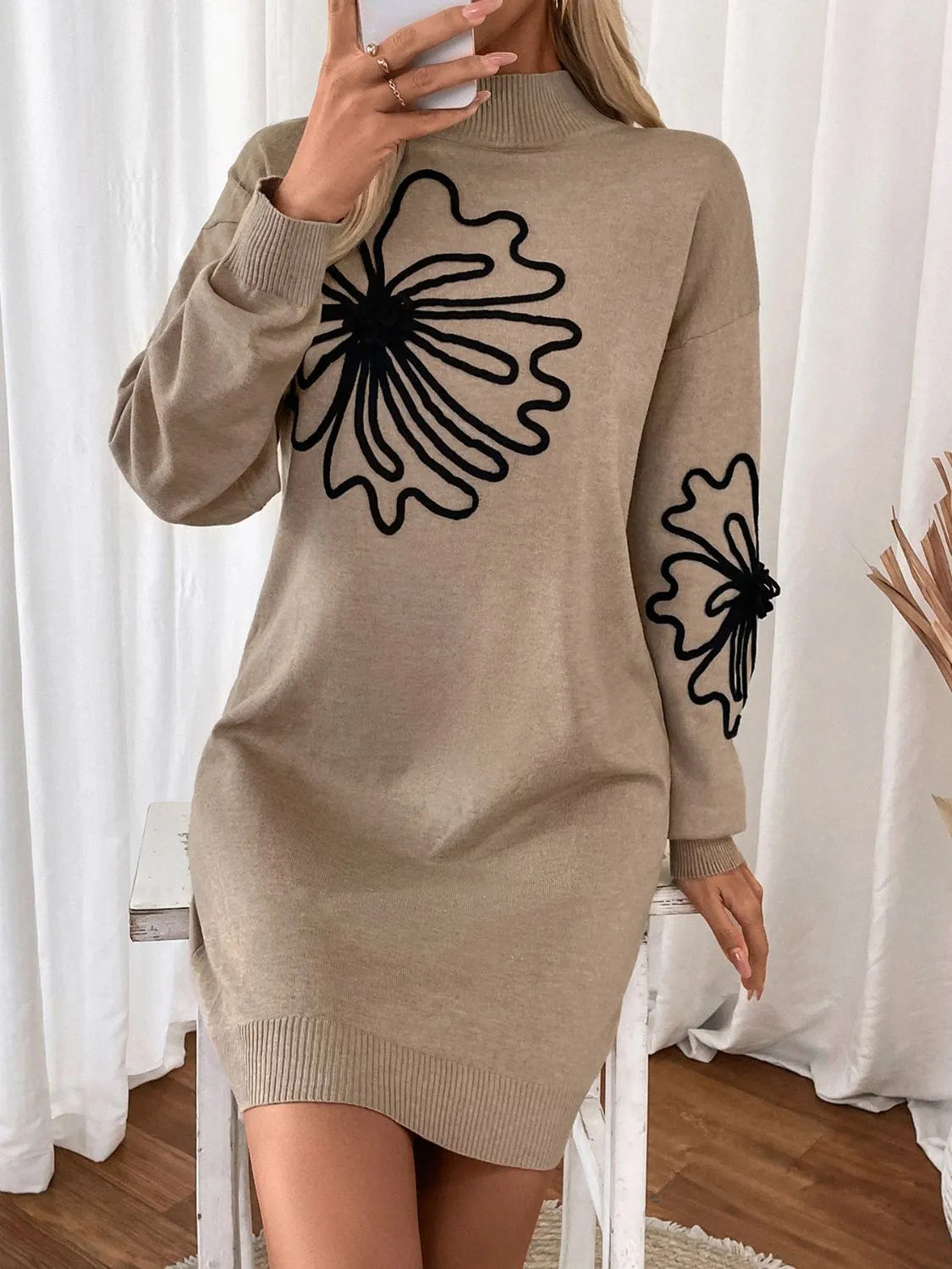 Perfee Flower Mock Neck Long Sleeve Sweater Dress - Wellen Fashion