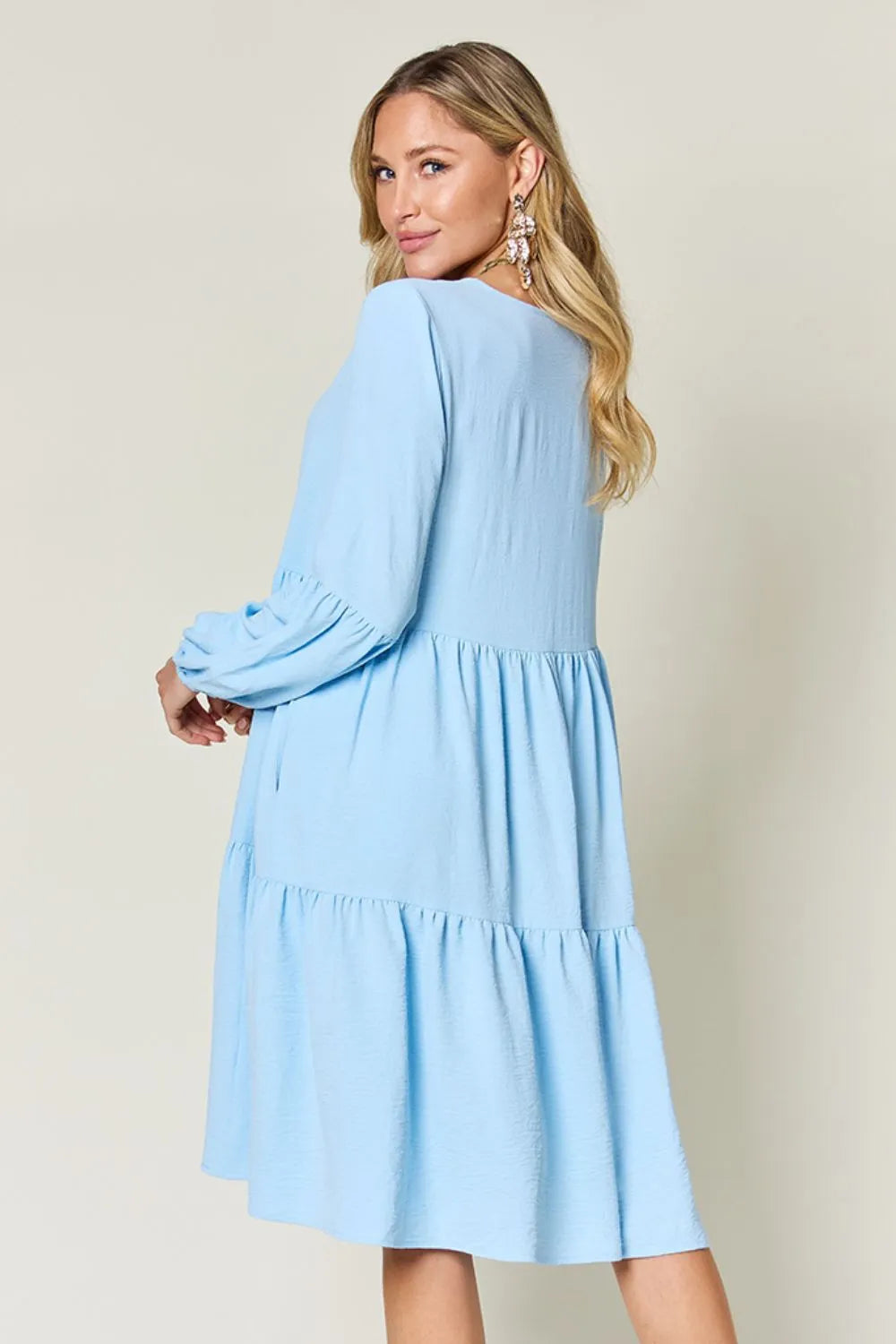 Double Take Full Size V-Neck Balloon Sleeve Tiered Dress with Pockets - Wellen Fashion