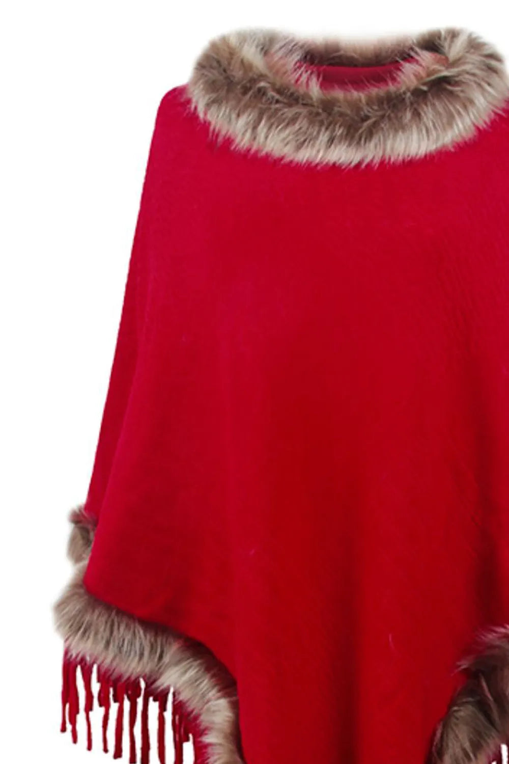 Faux Fur Trim Fringed Poncho - Wellen Fashion