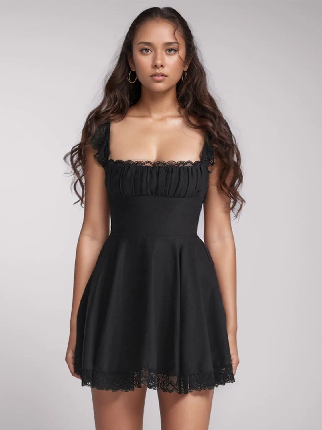 Lace Detail Square Neck Cap Sleeve Mini Dress - Wellen Fashion