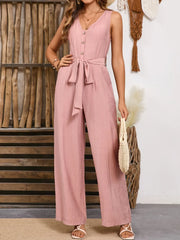 V-Neck Tie Waist Jumpsuit - Wellen Fashion