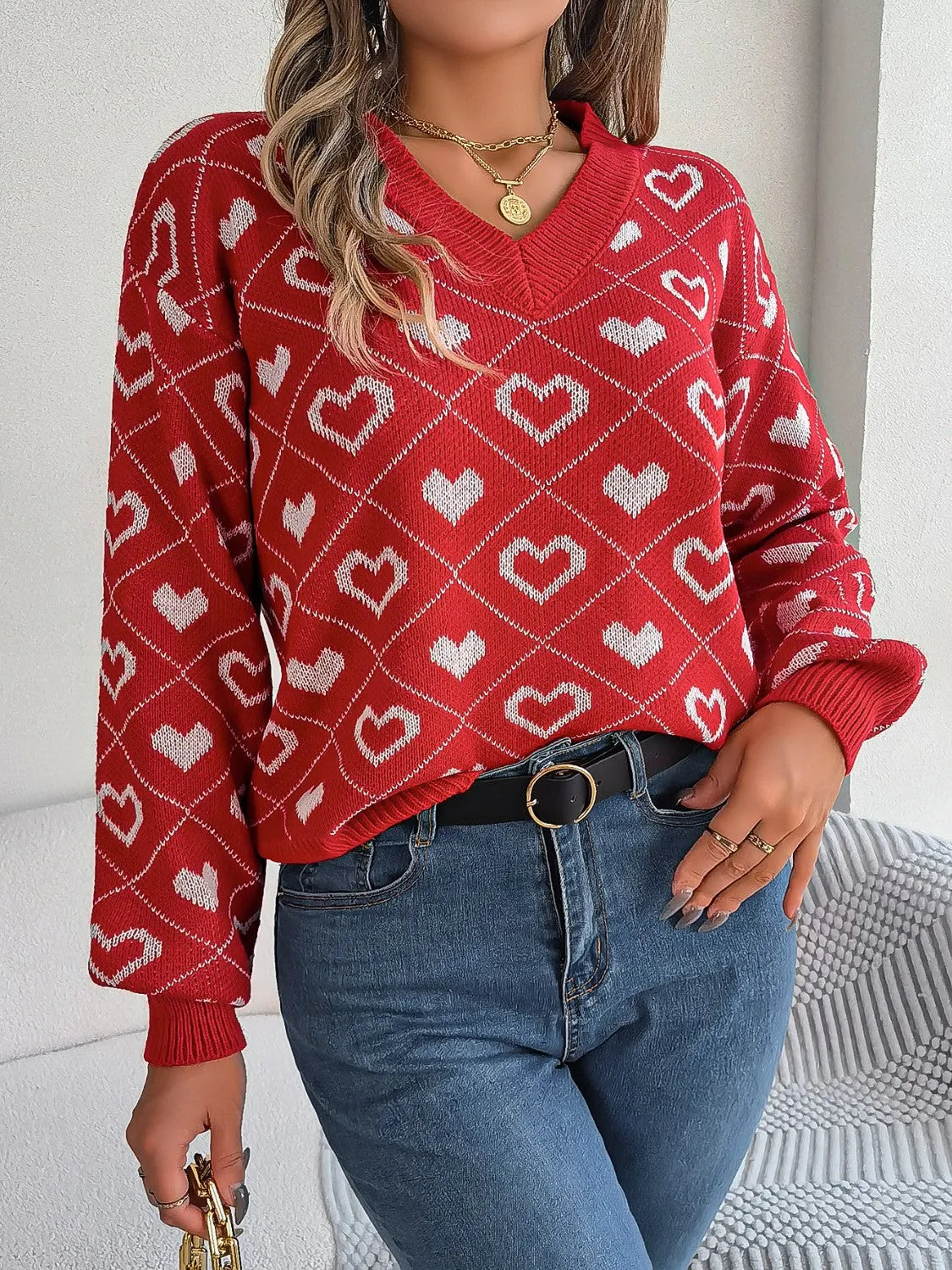 Heart Pattern V-Neck Long Sleeve Sweater - Wellen Fashion