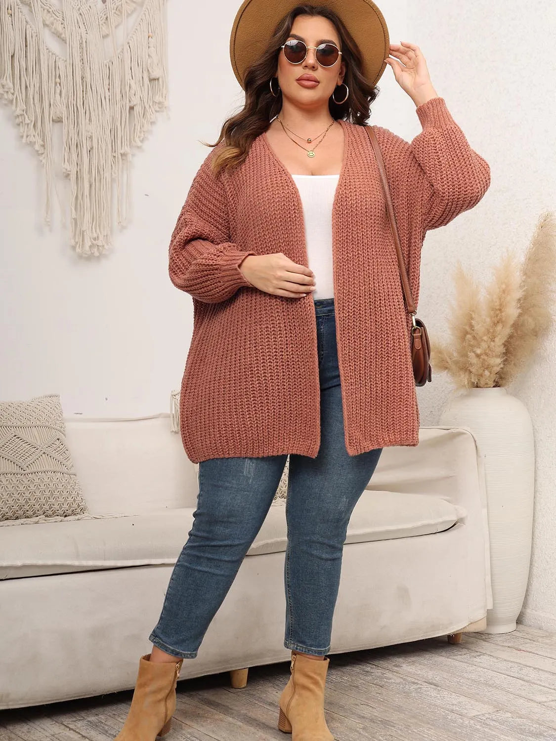 Plus Size Open Front Dropped Shoulder Knit Cardigan - Wellen Fashion