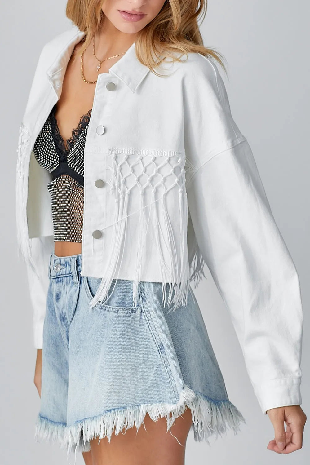 Tassel Sequin Letter Long Sleeve Denim Jacket - Wellen Fashion