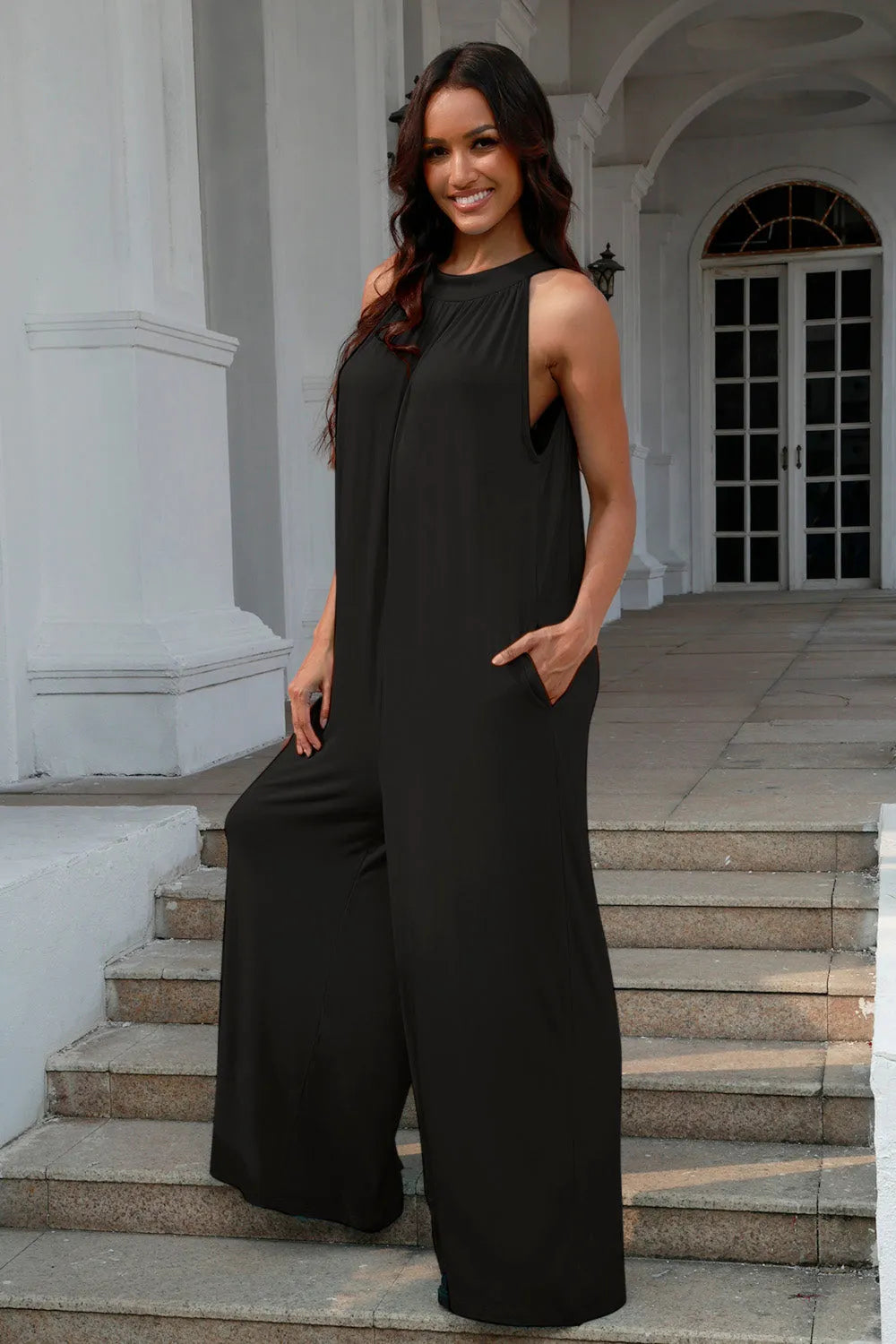 Double Take Full Size Tie Back Cutout Sleeveless Jumpsuit - Wellen Fashion