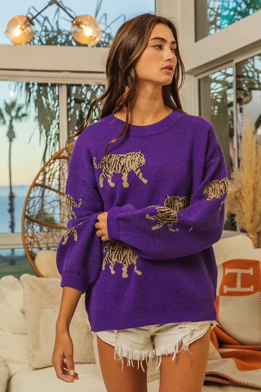 BiBi Tiger Pattern Long Sleeve Sweater - Wellen Fashion