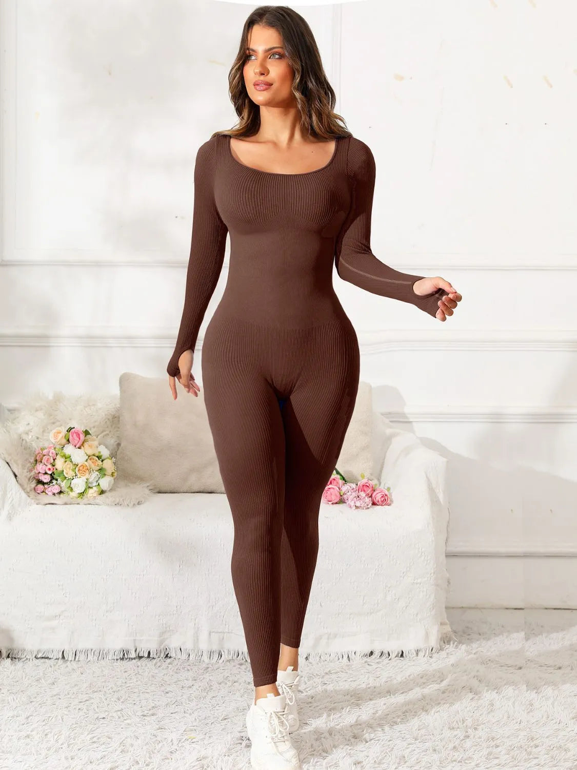 Scoop Neck Long Sleeve Active Jumpsuit - Wellen Fashion