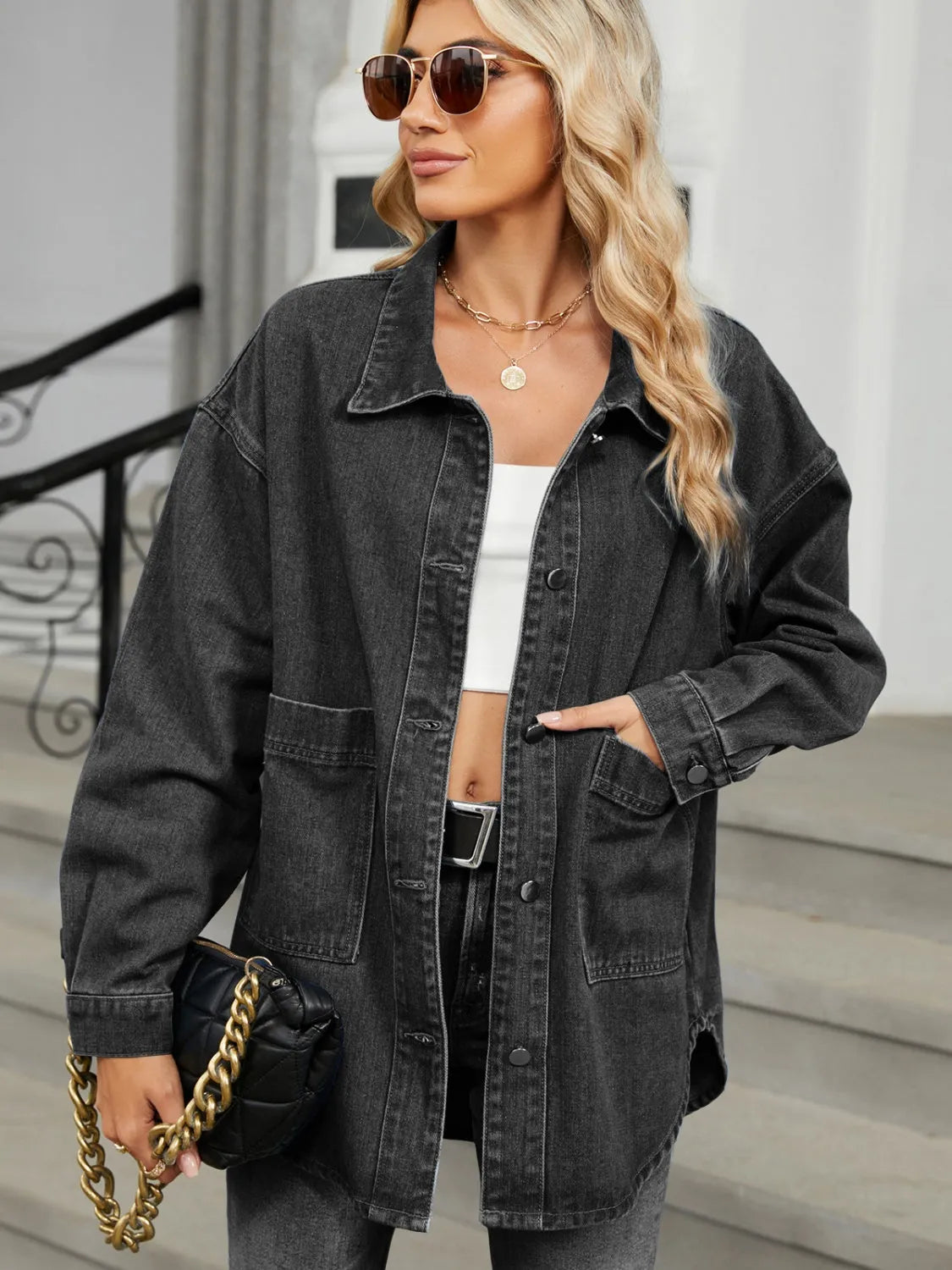 Removable Hood Button Up Long Sleeve Denim Jacket - Wellen Fashion