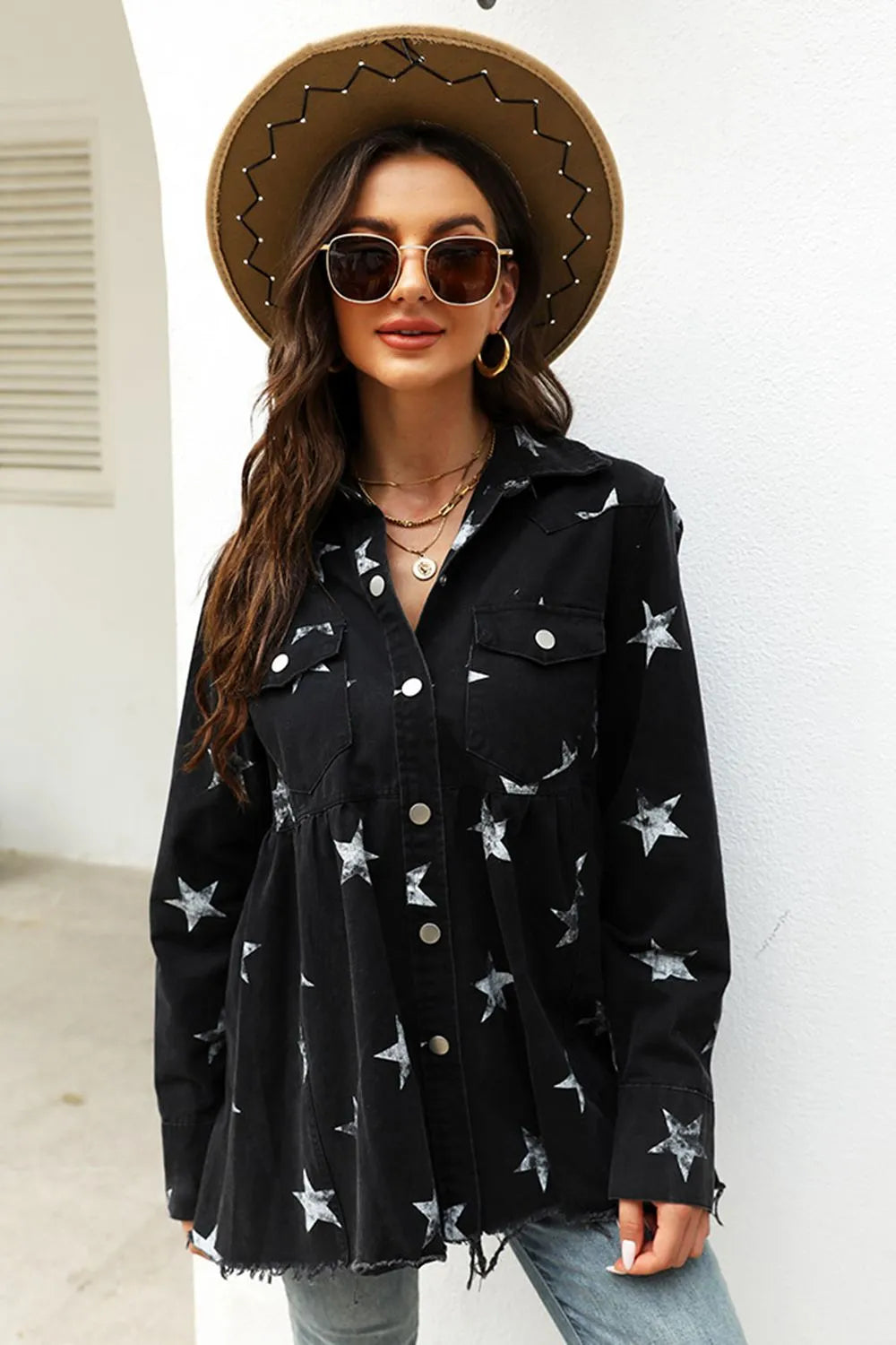 Collared Neck Star Print Long Sleeve Denim Jacket - Wellen Fashion