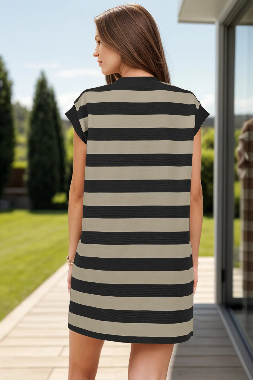 Striped Round Neck Cap Sleeve Mini Dress - Wellen Fashion