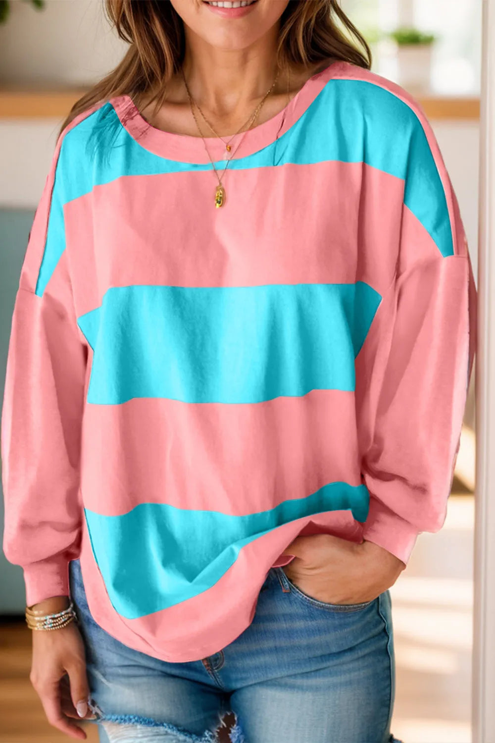 Color Block Round Neck Long Sleeve Top - Wellen Fashion